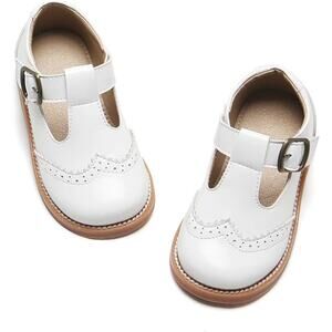 Girls T-Strap Dress Shoes White Mary Janes with Rubber Sole, Size 11 Little Kid